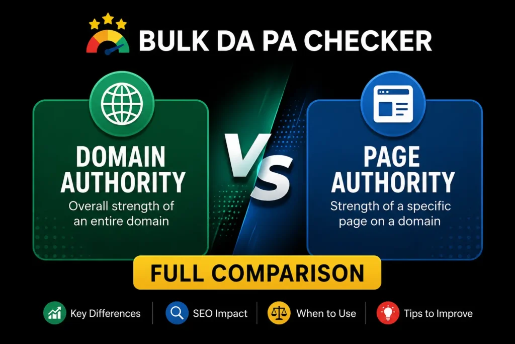 Domain Authority vs Page Authority full comparison infographic by BulkDapa explaining the differences, SEO impact, key metrics, and best use cases for DA and PA.