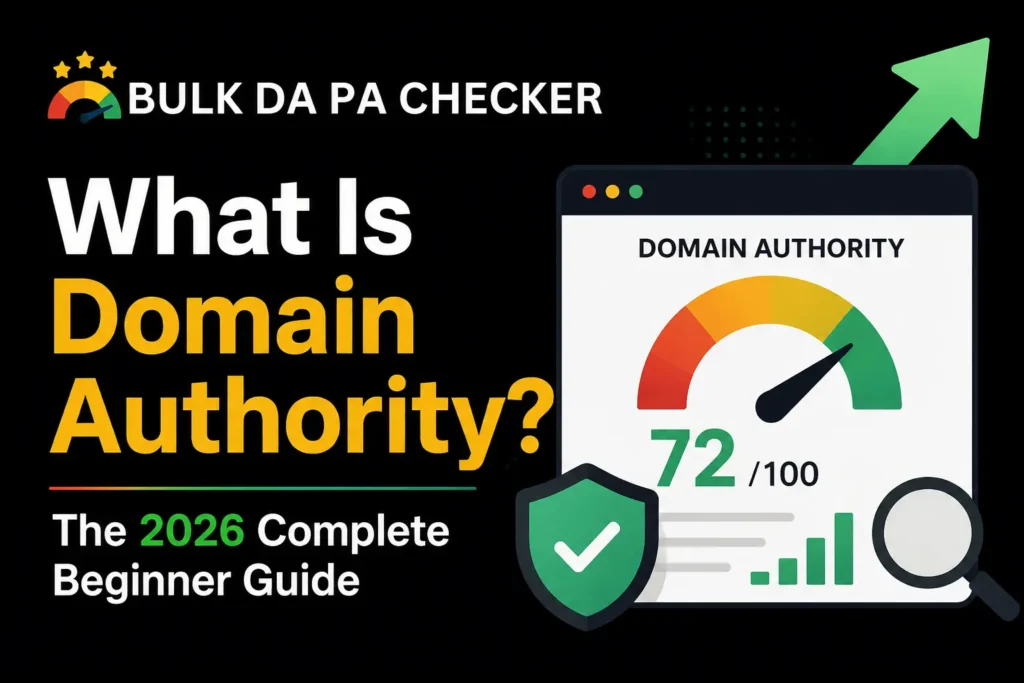 What Is Domain Authority? The 2026 Complete Beginner Guide featuring a Domain Authority score gauge and Bulk DA PA Checker branding.