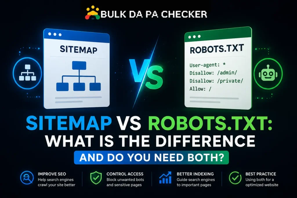 Sitemap vs Robots.txt comparison showing the key differences and why websites need both for better SEO and search engine crawling.